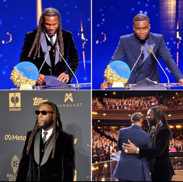 Four photos from the Ballon d'Or: Burna Boy and Bukayo Saka at the podium with the Sócrates Award, Burna Boy on the red carpet, and the two embracing on stage