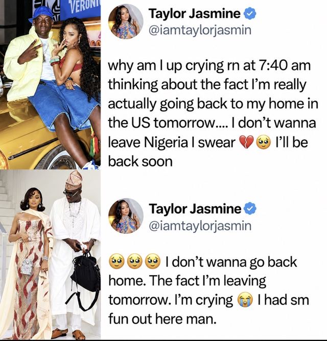 Two photos of Carter Efe with Taylor Jasmine, beside screenshots of her posts on X saying she does not want to leave Nigeria