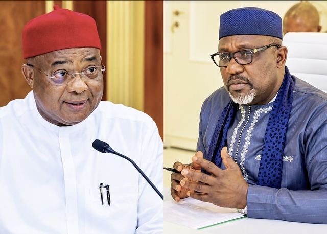 Side-by-side photos of Imo Governor Hope Uzodimma in a red cap and former governor Rochas Okorocha in a blue cap