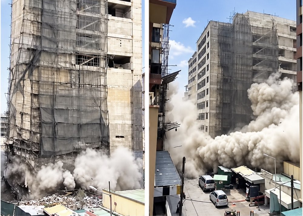 Dust clouds billow as a building under construction collapses in Eastleigh, Nairobi