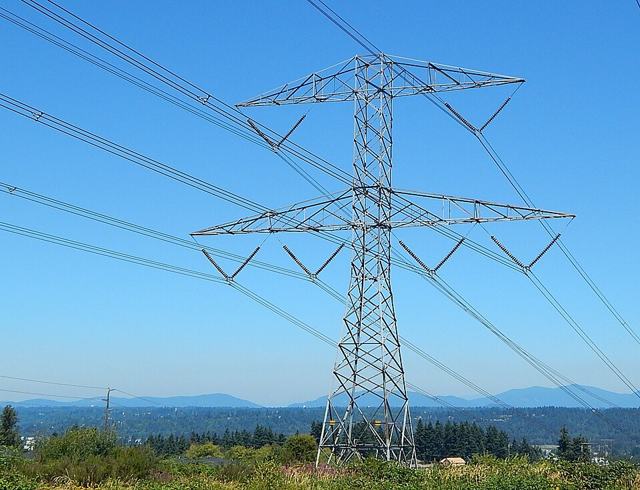 A high-voltage transmission tower and power lines (stock image)