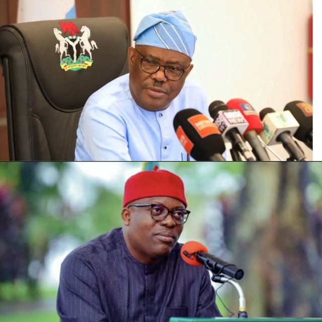Nyesom Wike speaking at a news conference, above Governor Siminalayi Fubara in a red cap speaking into a microphone