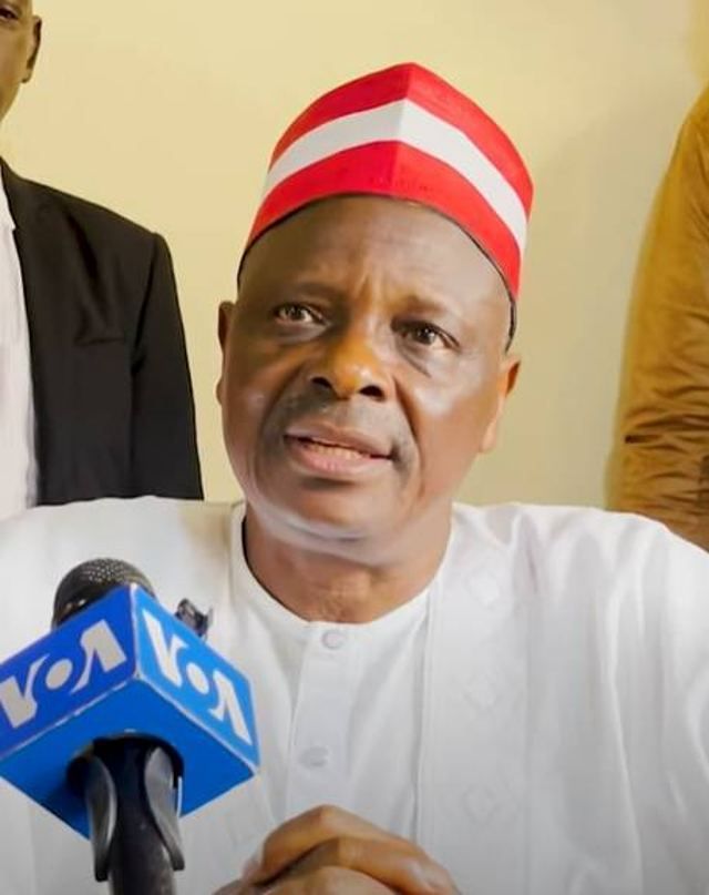 Rabiu Kwankwaso speaking to the press