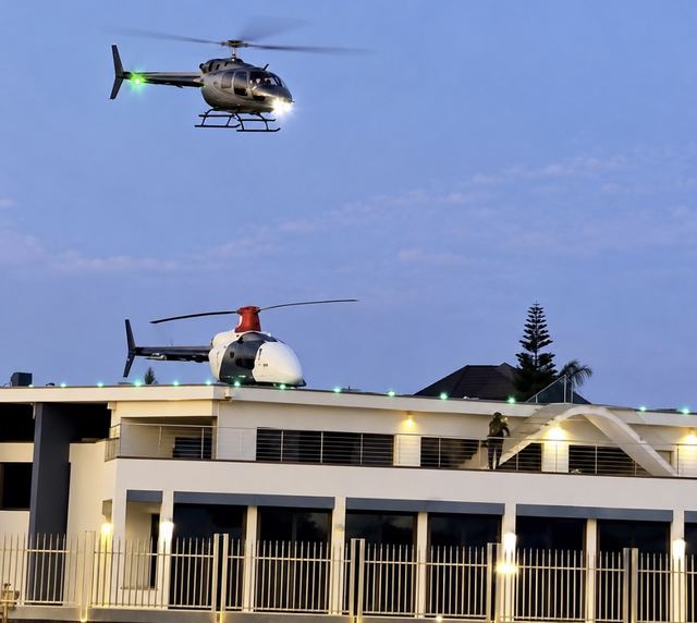 A helicopter hovers above a white mansion at dusk while another helicopter sits on its lit rooftop helipad
