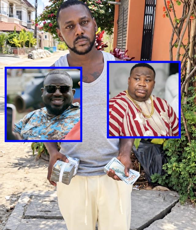 Lekki Street Boy holds bundles of dollar notes, with inset photos of two of the celebrities he thanked