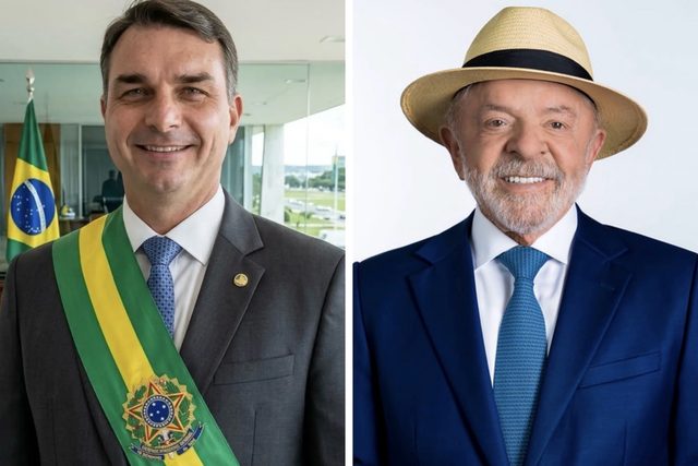 Side-by-side portraits of Flávio Bolsonaro, left, wearing a green and yellow sash, and Luiz Inácio Lula da Silva, right, in a straw hat