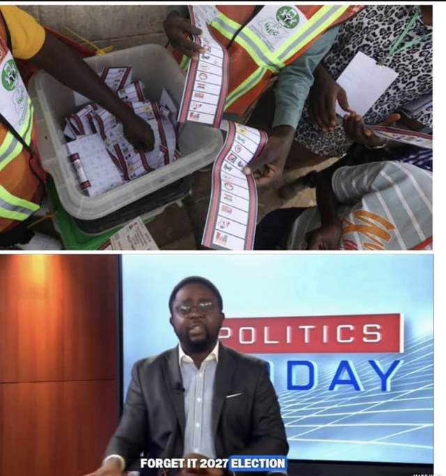 Collage: election officials in INEC vests sorting ballot papers from a ballot box, and Seun Okinbaloye speaking on a TV politics programme with the caption 'Forget it 2027 election'