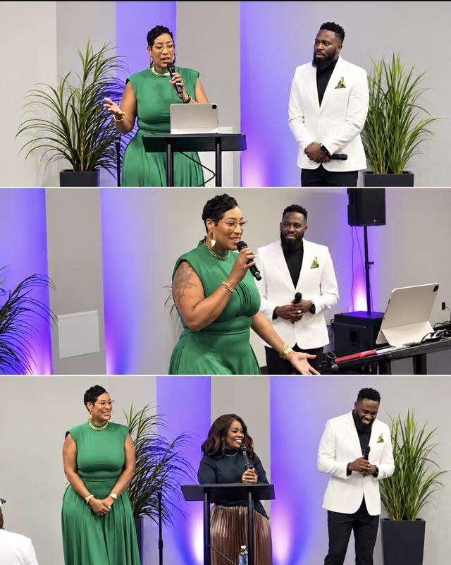 Three photos of a church stage: a woman in a green dress speaks into a microphone beside a man in a white jacket, and in the last photo a second woman stands with them
