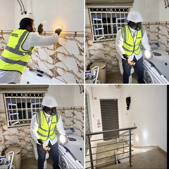 Four photos of a man in a RATEL high-visibility vest testing a round motion sensor light in a tiled bathroom, and small sensor lights glowing along a staircase wall