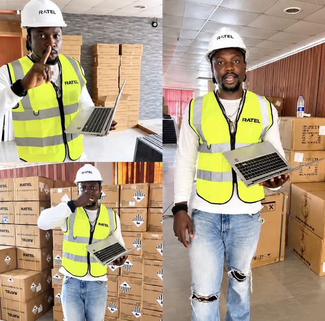 Three photos of VeryDarkMan in a white Ratel hard hat and hi-vis vest, holding a laptop in a warehouse stacked with Ratel boxes