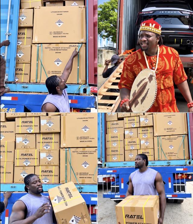 Four photos of VeryDarkMan unloading boxes of Ratel Power Station lithium batteries from a shipping container, and posing in traditional attire beside a new SUV