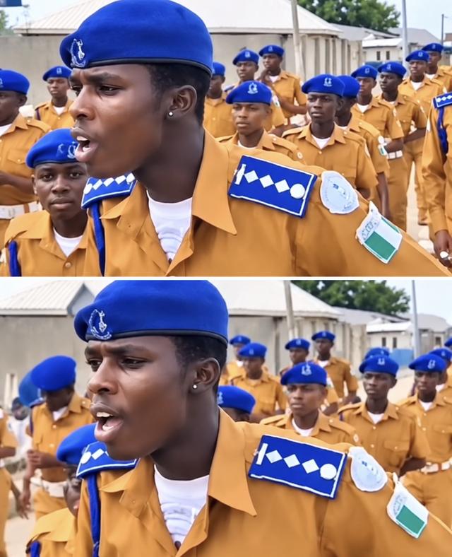 Two stills from the viral video: a young man in a blue beret and brown uniform chants as others march behind him